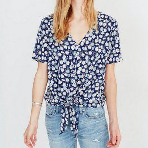 MADEWELL NAVY BLUE FRENCH FLORAL SHORT SLEEVE NOVEL TIE-FRONT TOP